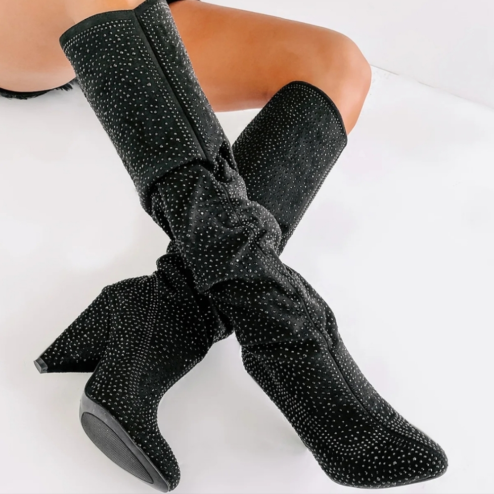 Summer Rio Black Rhinestone Slouch Knee High Boots NWT Size 7
